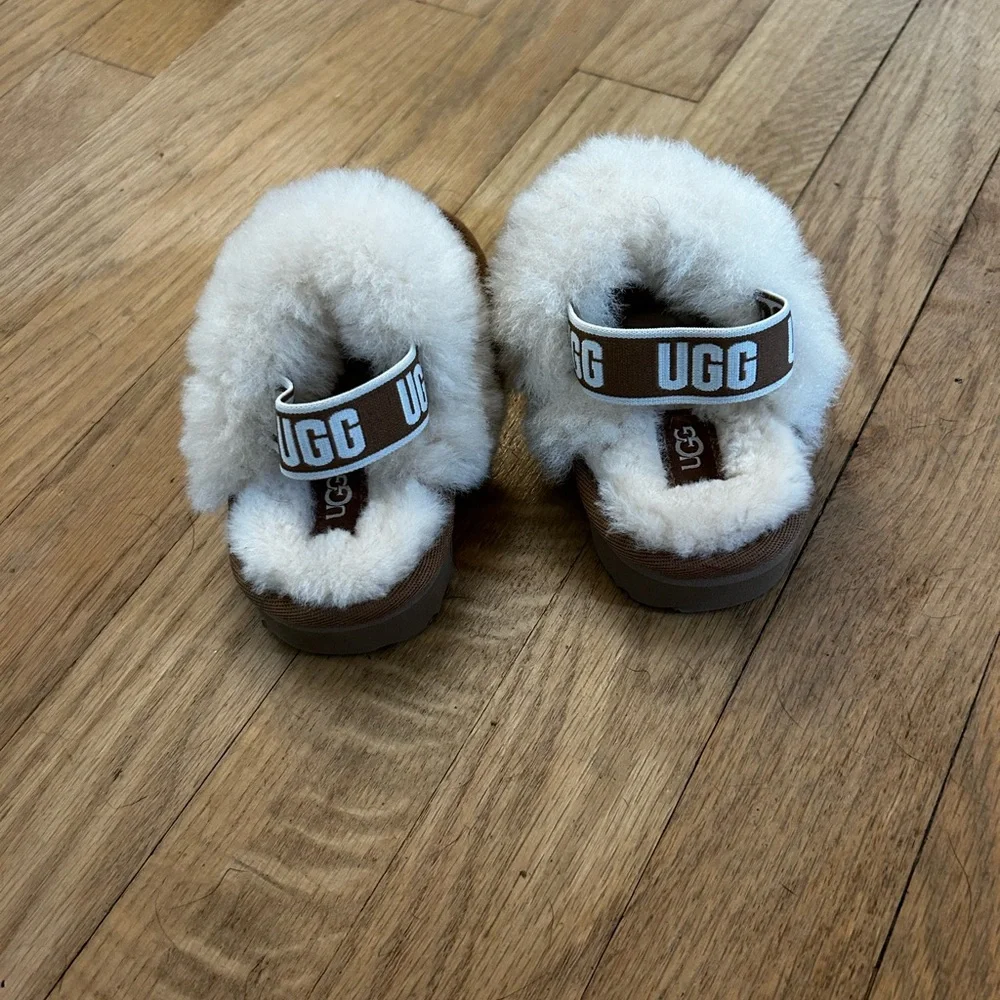 UGG Chestnut and Shearling Slide Slippers with White Fur Trim